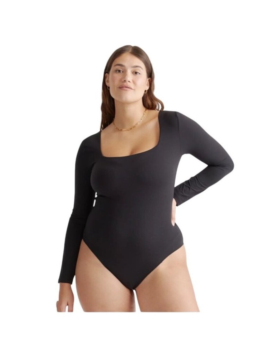 Quince Second Skin Square Neck Long Sleeve Black Bodysuit Size M